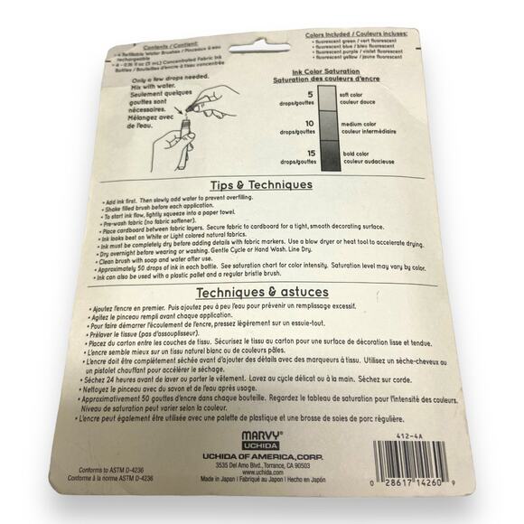 Marvy Uchida Fabri-Ink Fluorescent Set 412-4A Fabric Watercolor Paint NEW - Picture 3 of 3